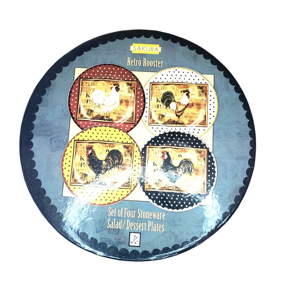 NEW Set Of 4 Sakura Dessert Plates Retro Rooster Kimberly Poloson Chicken Bird